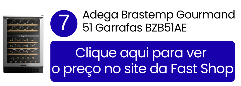 Adega Brastemp Gourmand Dual Zone 51 garrafas com prateleiras de madeira na Fast Shop.