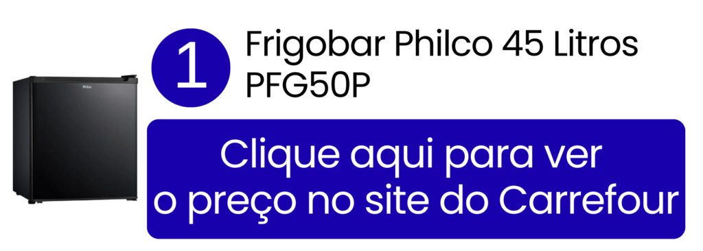 Frigobar Philco 45 litros PFG50P preto compacto para sala no Carrefour.