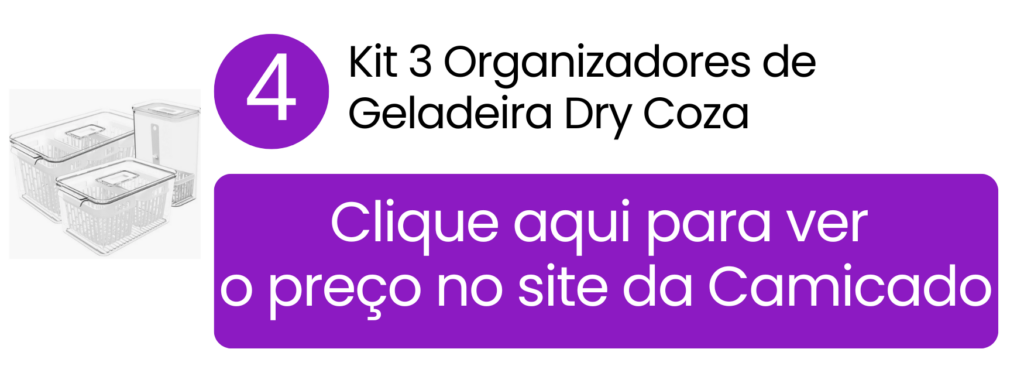 Organização limpa e funcional de folhas verdes e legumes com as três peças do kit Dry Coza.