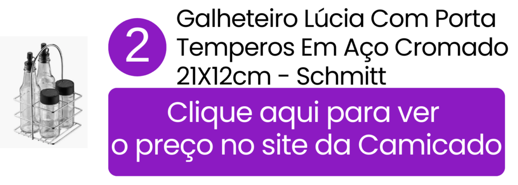 Compacto galheteiro Lúcia com porta-temperos em aço cromado da Schmitt na Camicado.
