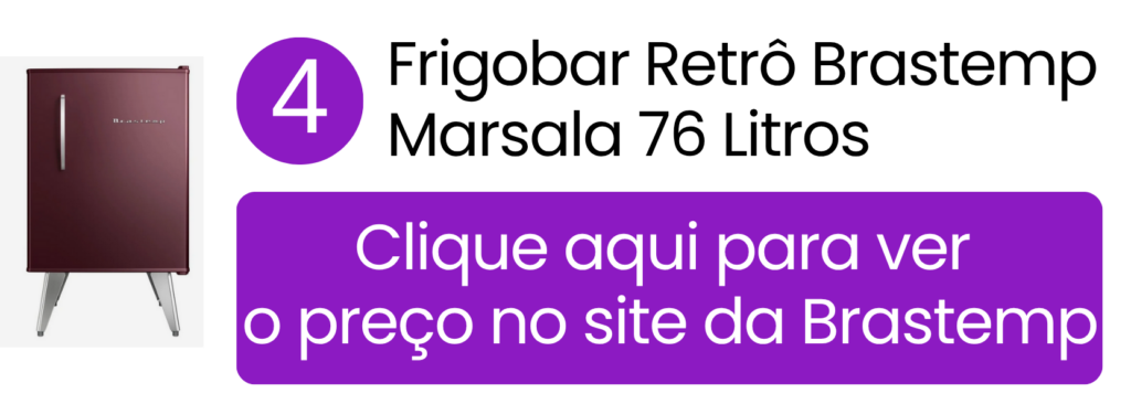 Frigobar Brastemp estilo retrô 76L acabamento Marsala Wine no catálogo oficial da marca.